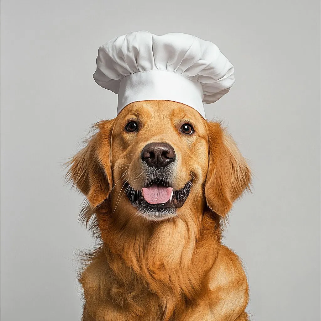 Golden retriever wearing a chef's hat