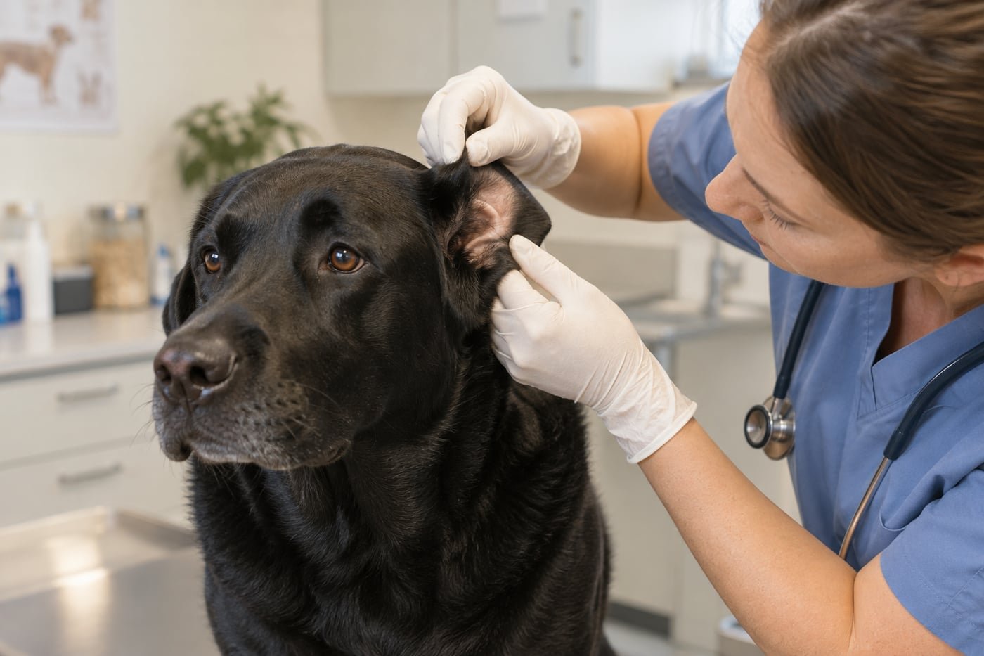Veterinarian examining a black Labrador's outer ear.