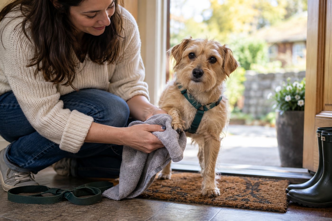 Owner wiping a small dog's paws with a cloth.
