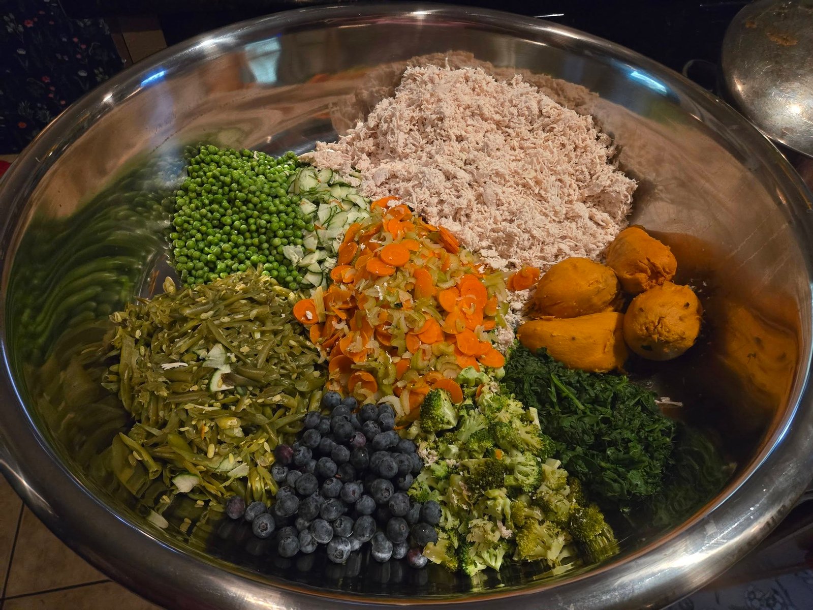 Chicken, sweet potatoes, green vegetables and blueberries arranged separately in a mixing bowl
