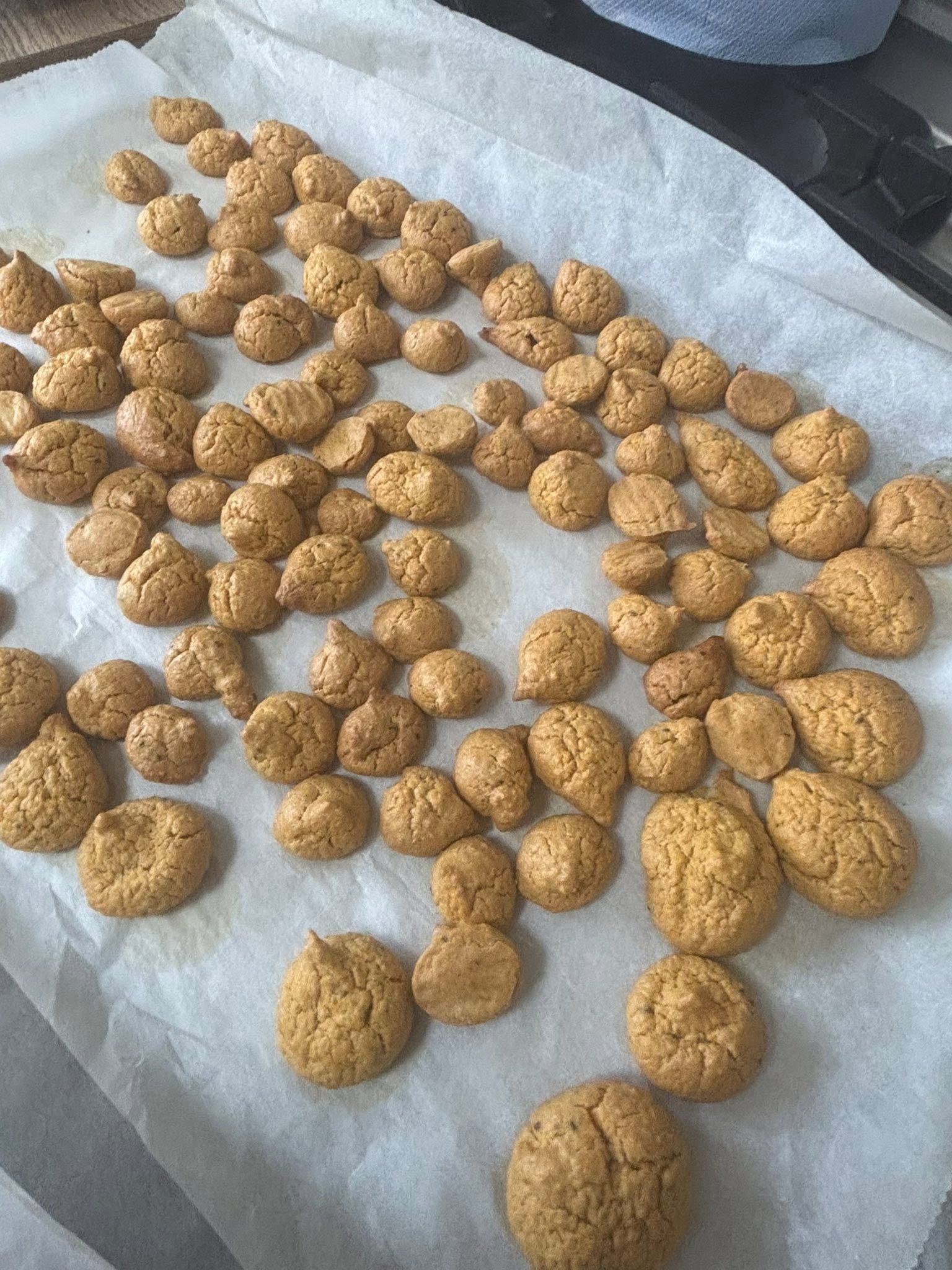 Small mackerel dog treats cooling on parchment