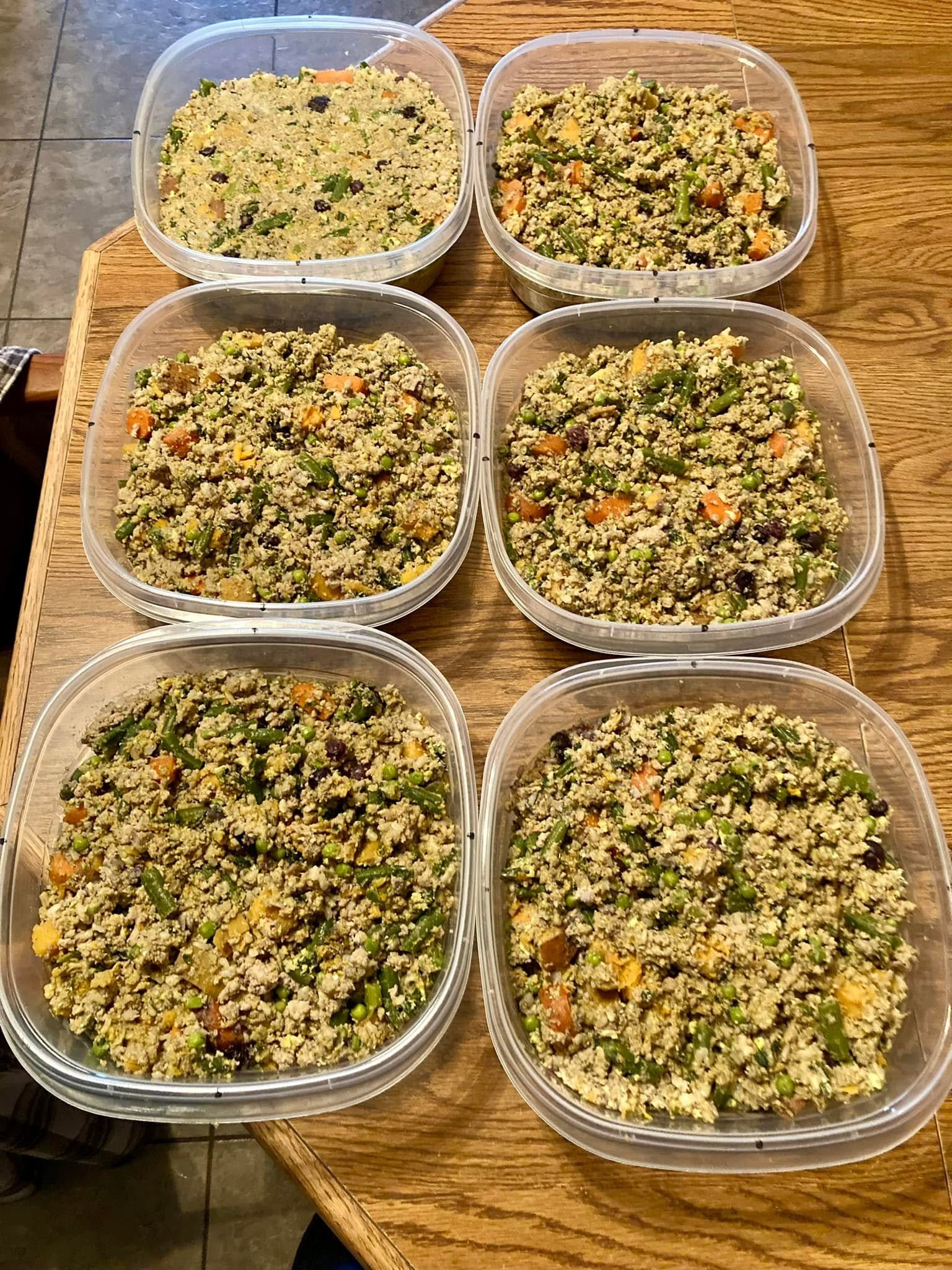 Six open containers filled with homemade turkey and vegetable dog food