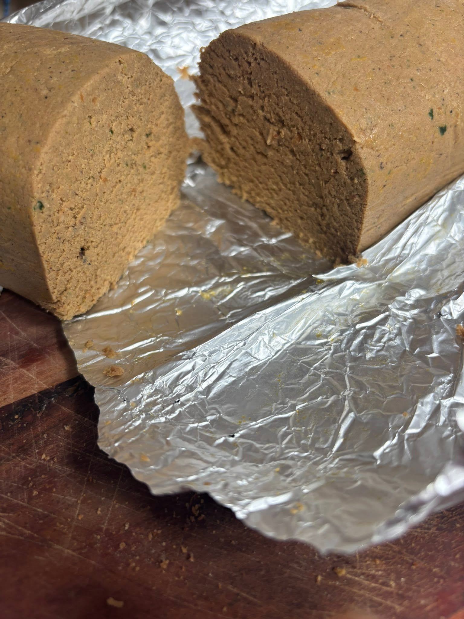 Cut chub roll showing its smooth interior