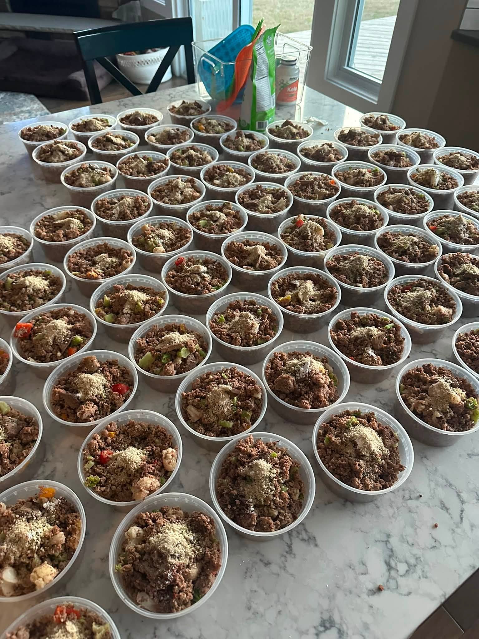 Individual containers of beef and vegetable dog food arranged on a counter