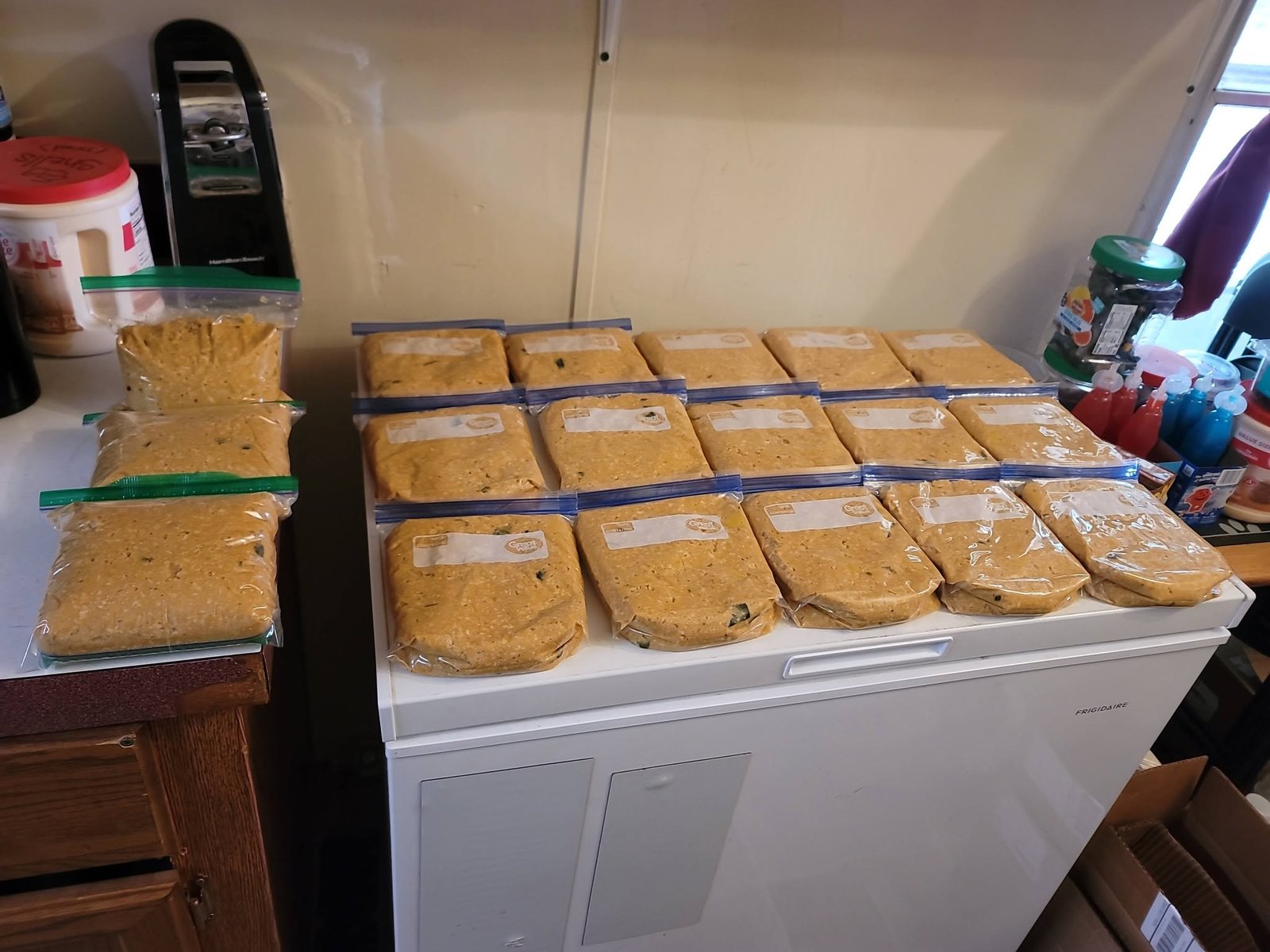 Prepared food divided into flat freezer bags