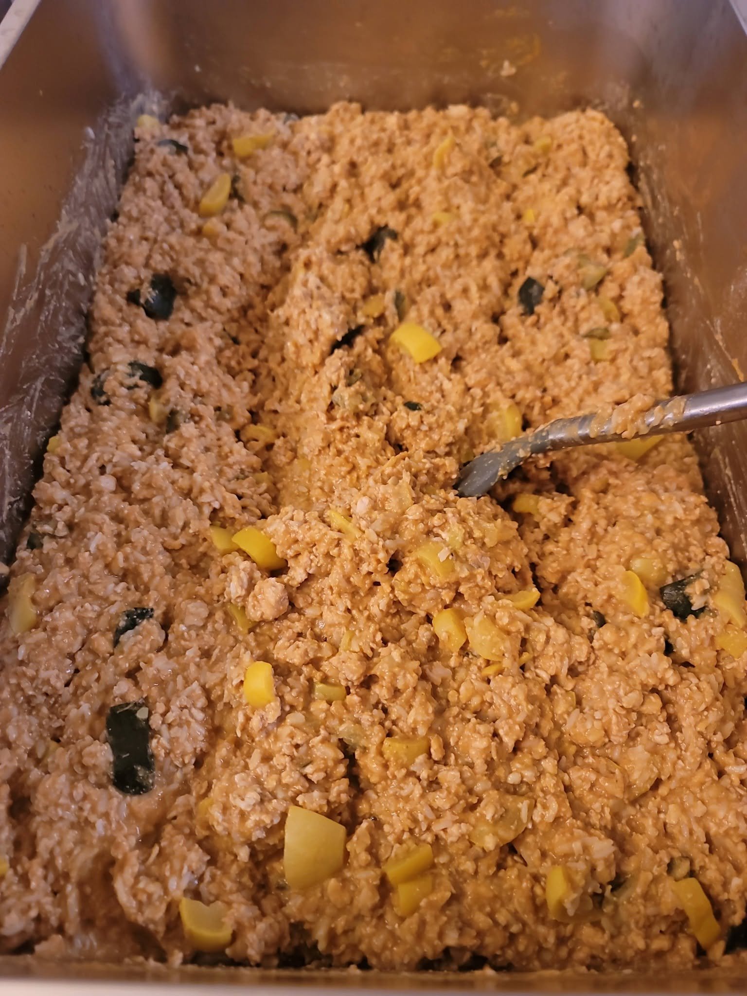 Yellow squash and zucchini pieces in the mixture