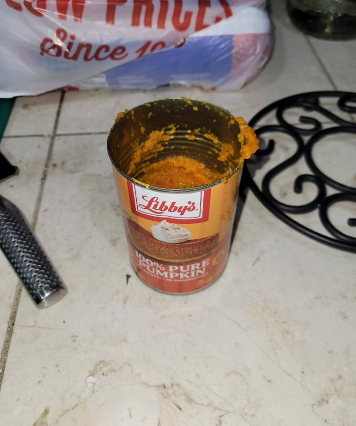 An opened can of plain pumpkin puree