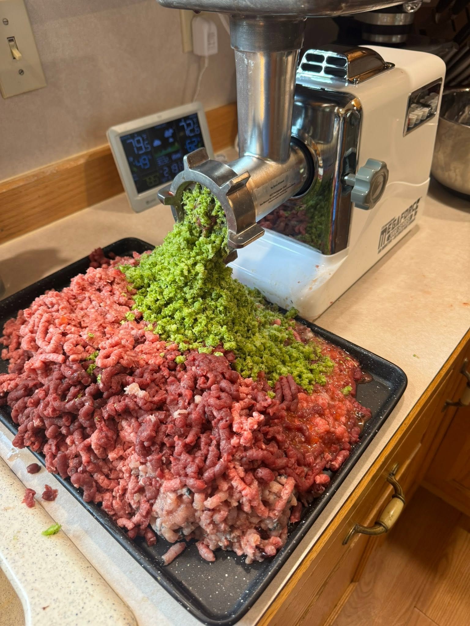 Finely ground broccoli and meat beside a food grinder