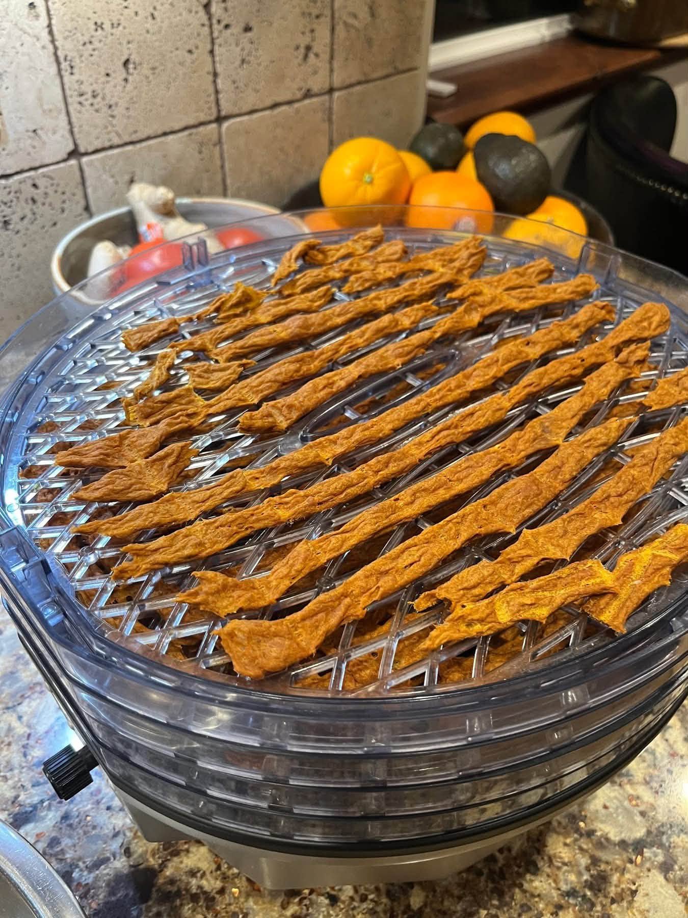 Dried turkey and pumpkin strips on dehydrator trays