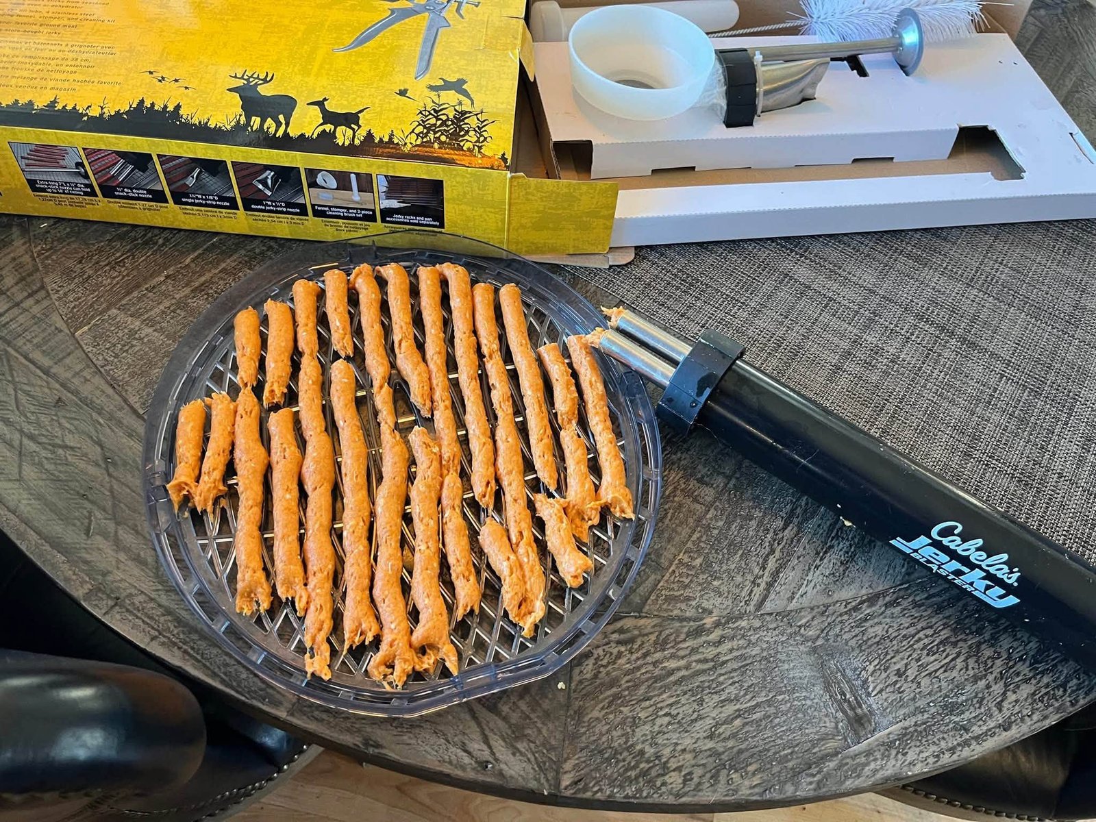 Turkey and pumpkin strips piped with a jerky gun