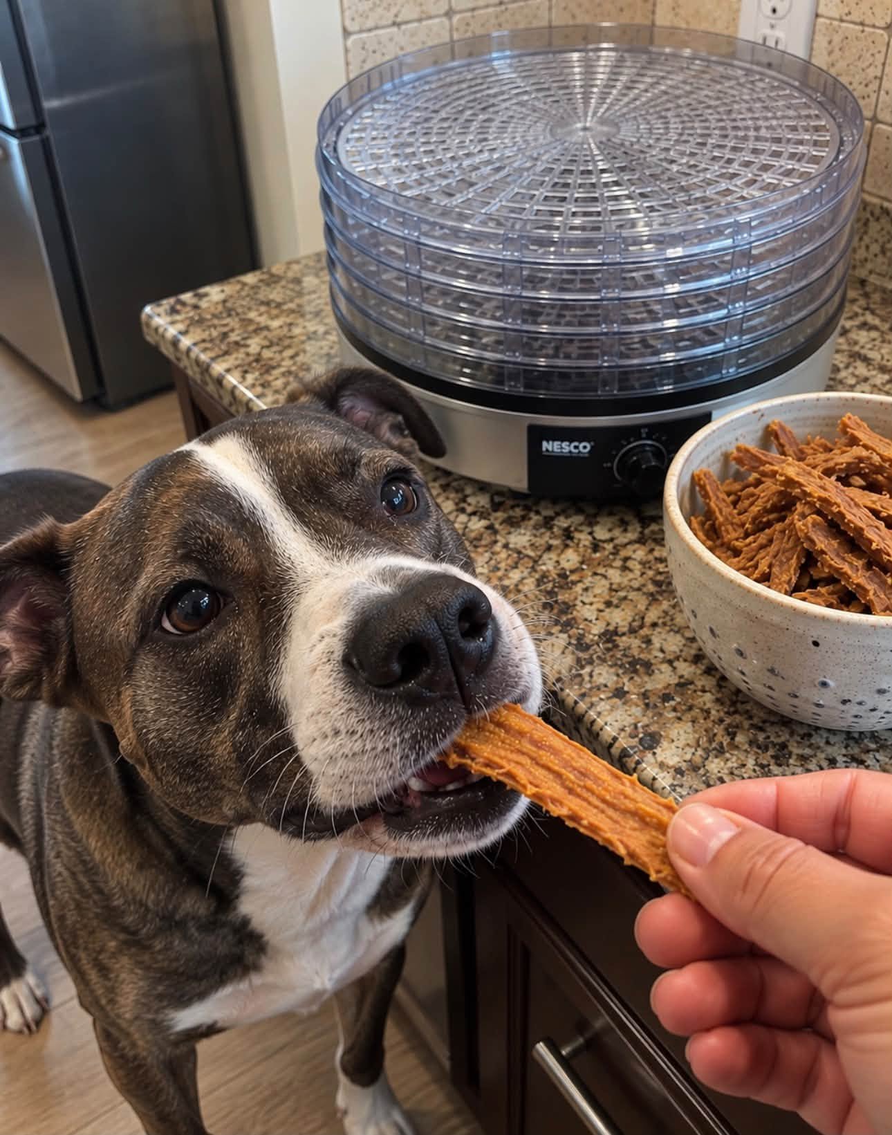 A dog taking a turkey and pumpkin treat beside a bowl of treats