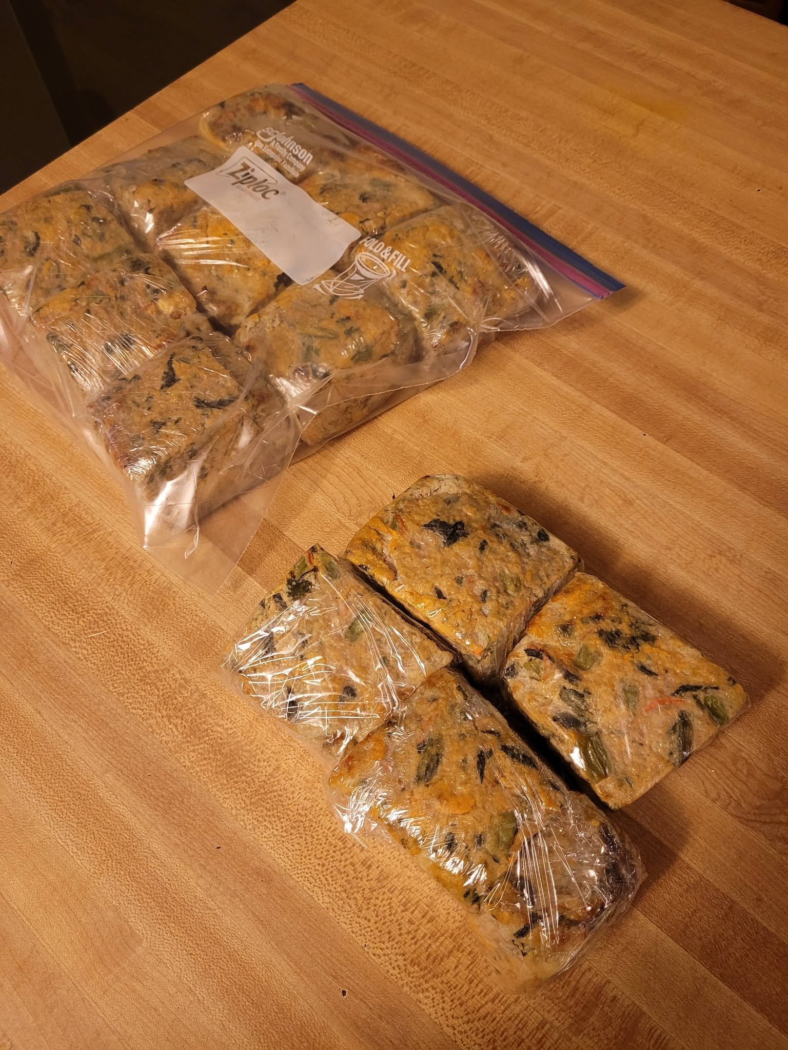 Individual meatloaf squares wrapped and packed in a freezer bag