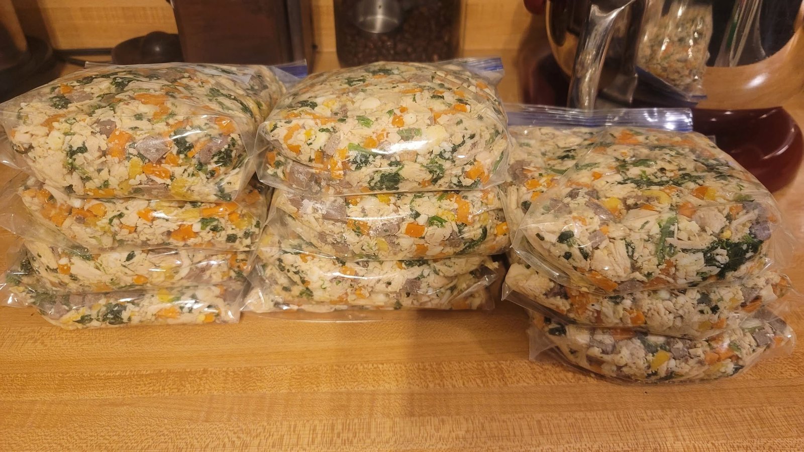 Chicken and vegetable mixture divided into clear resealable storage bags