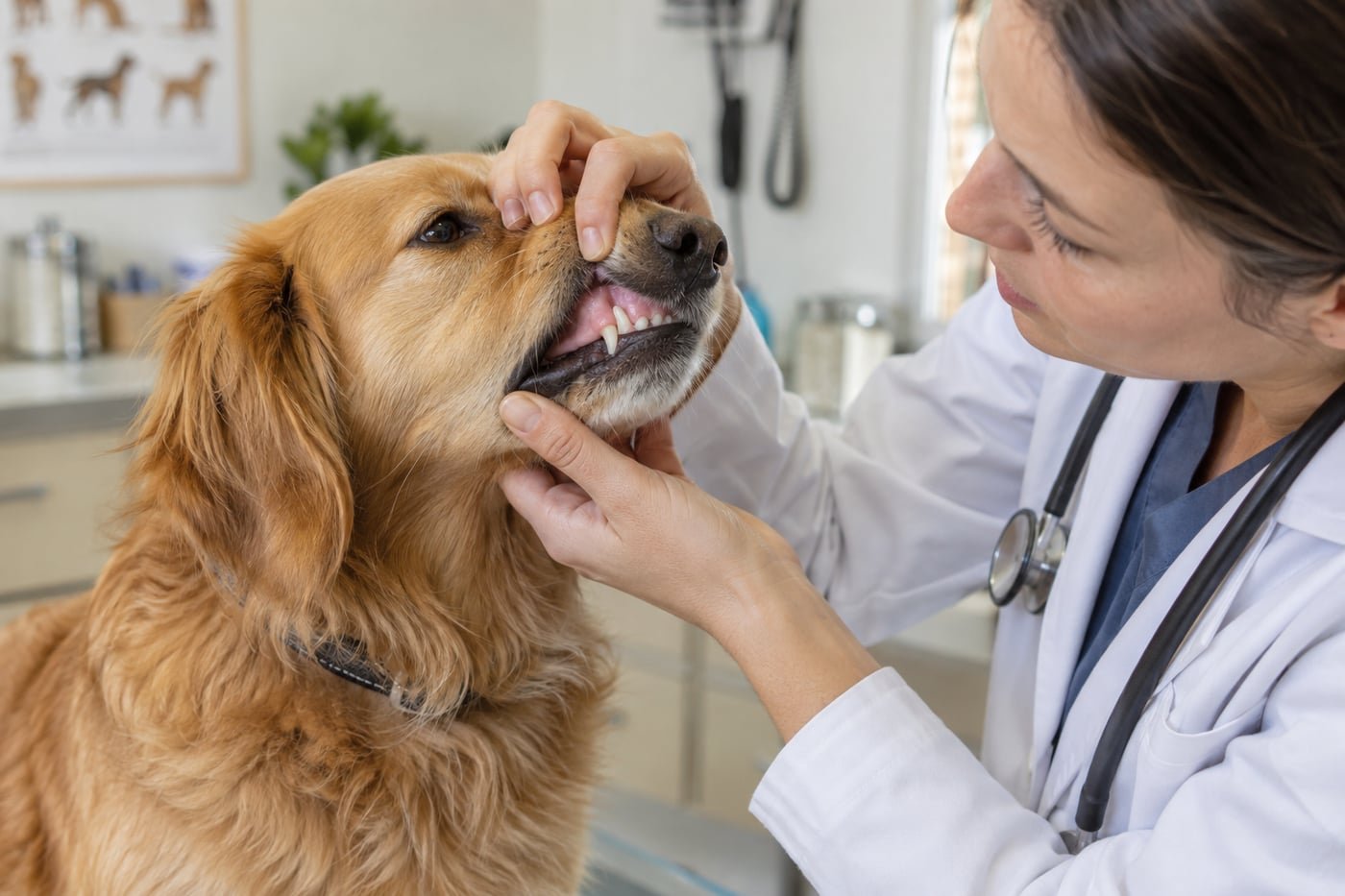 Veterinarian checking a golden dog's gums.