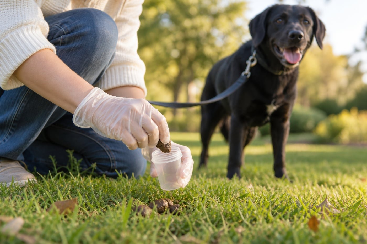 Gloved owner collecting a stool sample with a dog nearby.