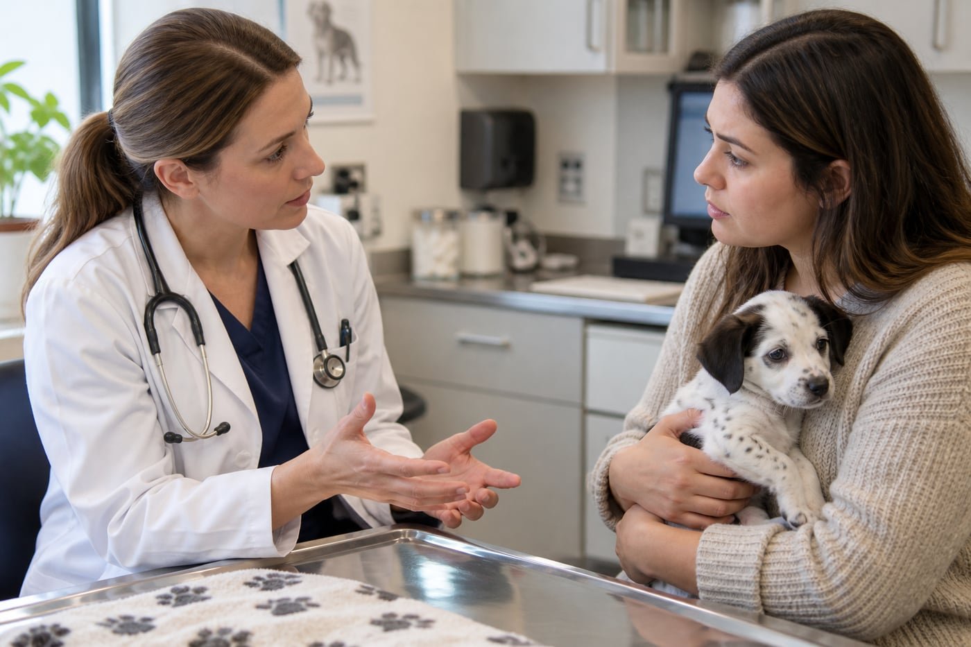 Owner holding a spotted puppy during a veterinary consultation.
