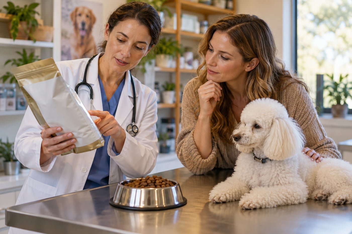 Veterinarian and owner reviewing food beside a white poodle.