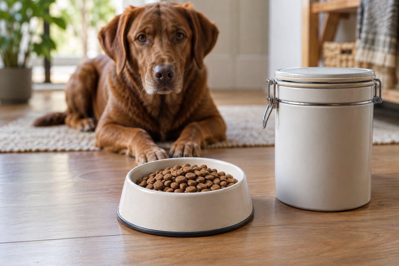 Measured kibble portion and a food container beside a waiting dog.