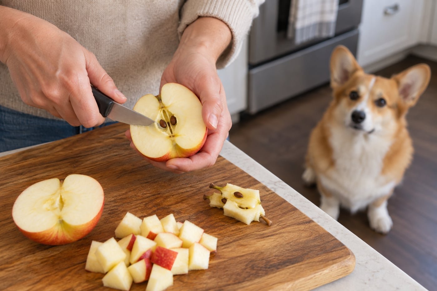 Owner removing apple core and seeds before dicing the flesh.