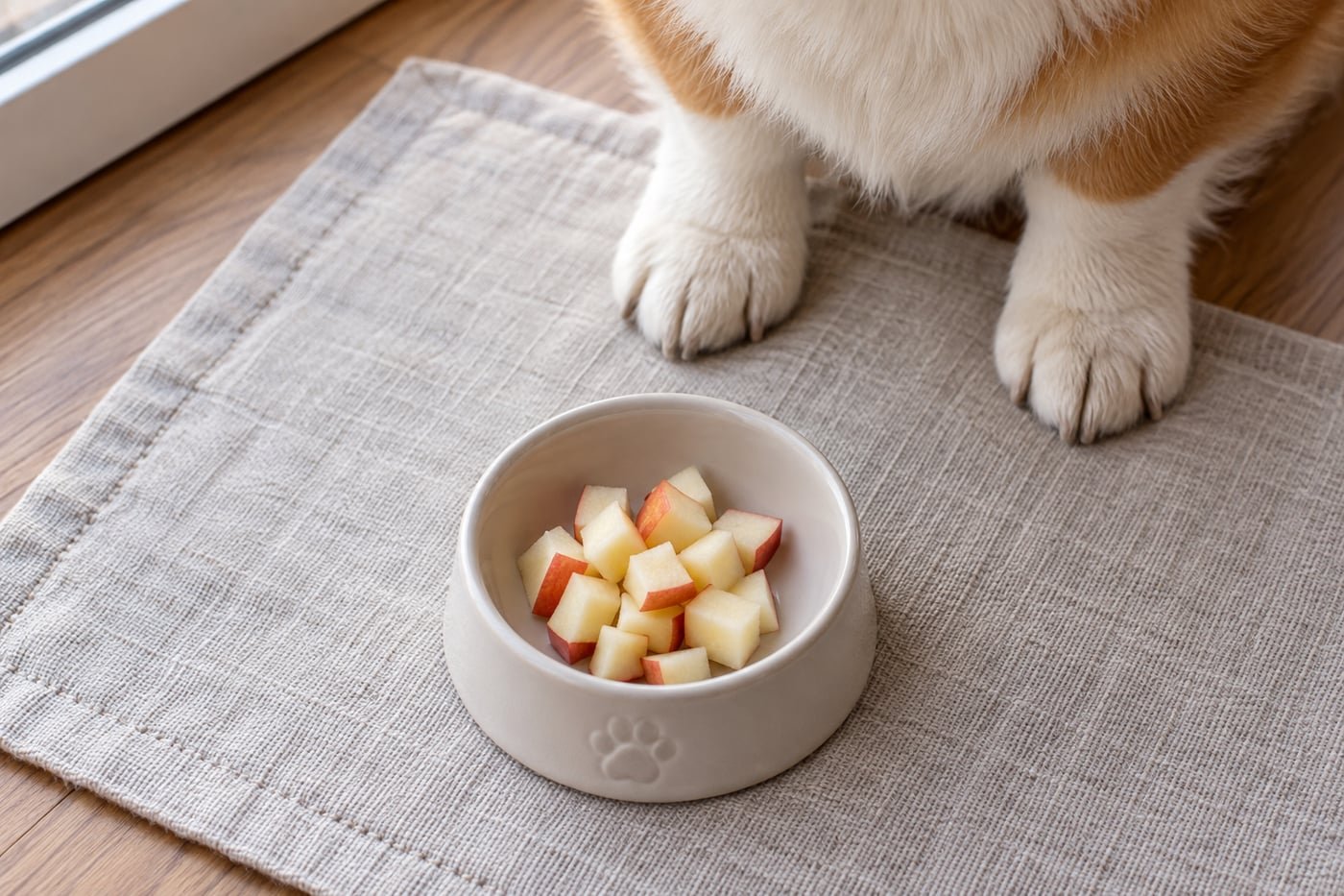 Small treat portion: tiny seedless core-free apple cubes.
