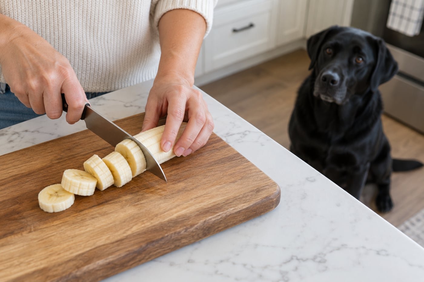 Owner slicing a peeled banana.