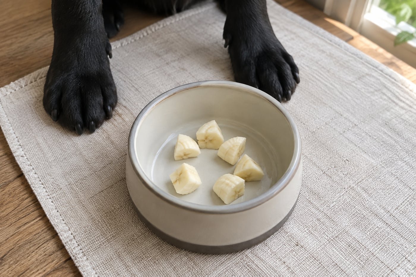 Small treat portion: tiny pieces of peeled banana.