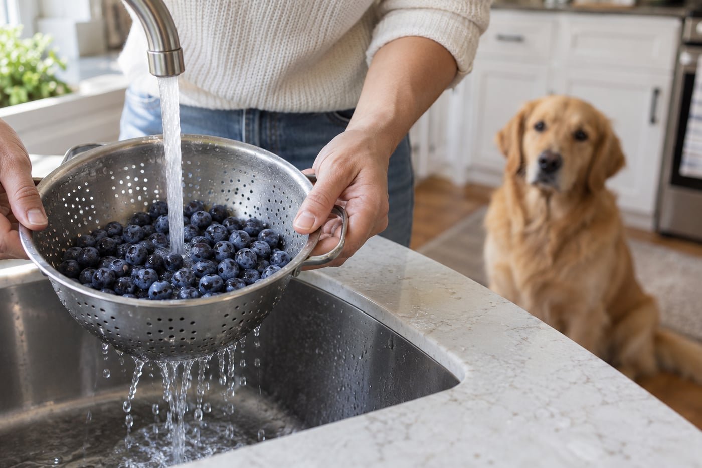 Owner washing blueberries in a colander.