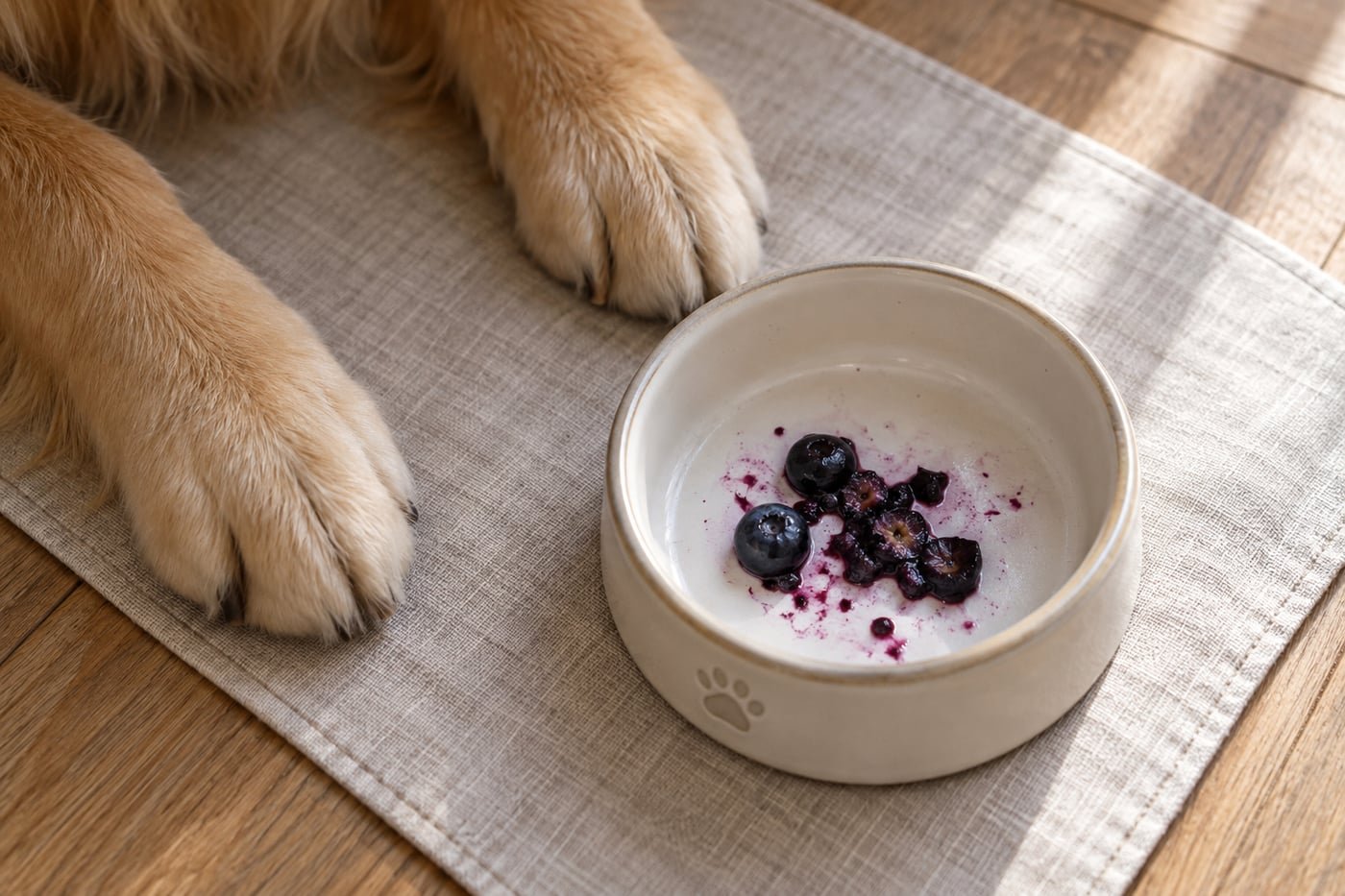 Small treat portion: a few crushed fresh blueberries.