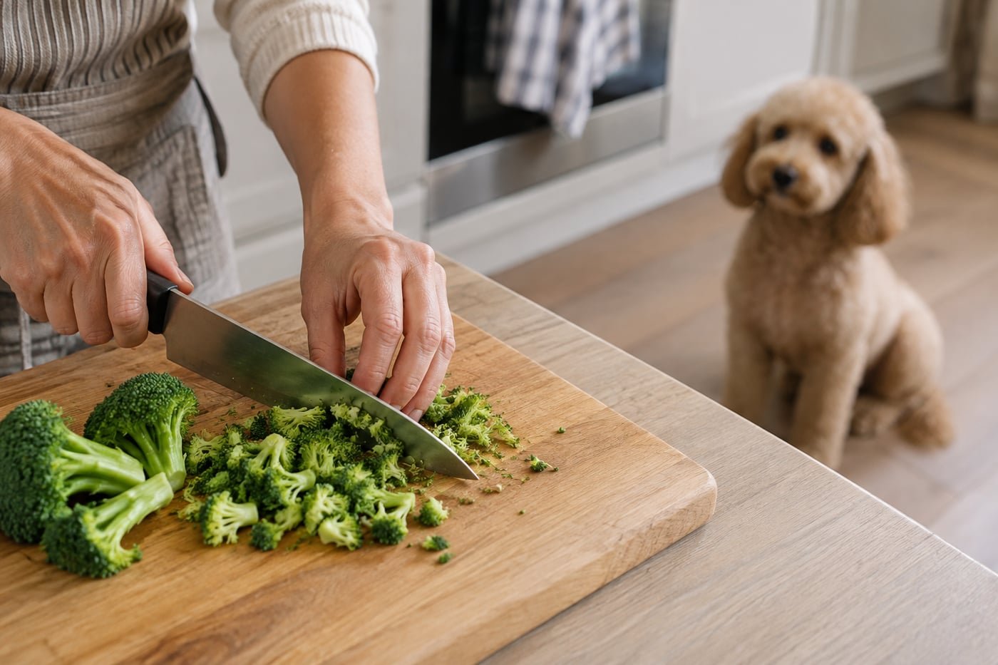Owner finely chopping plain steamed broccoli.