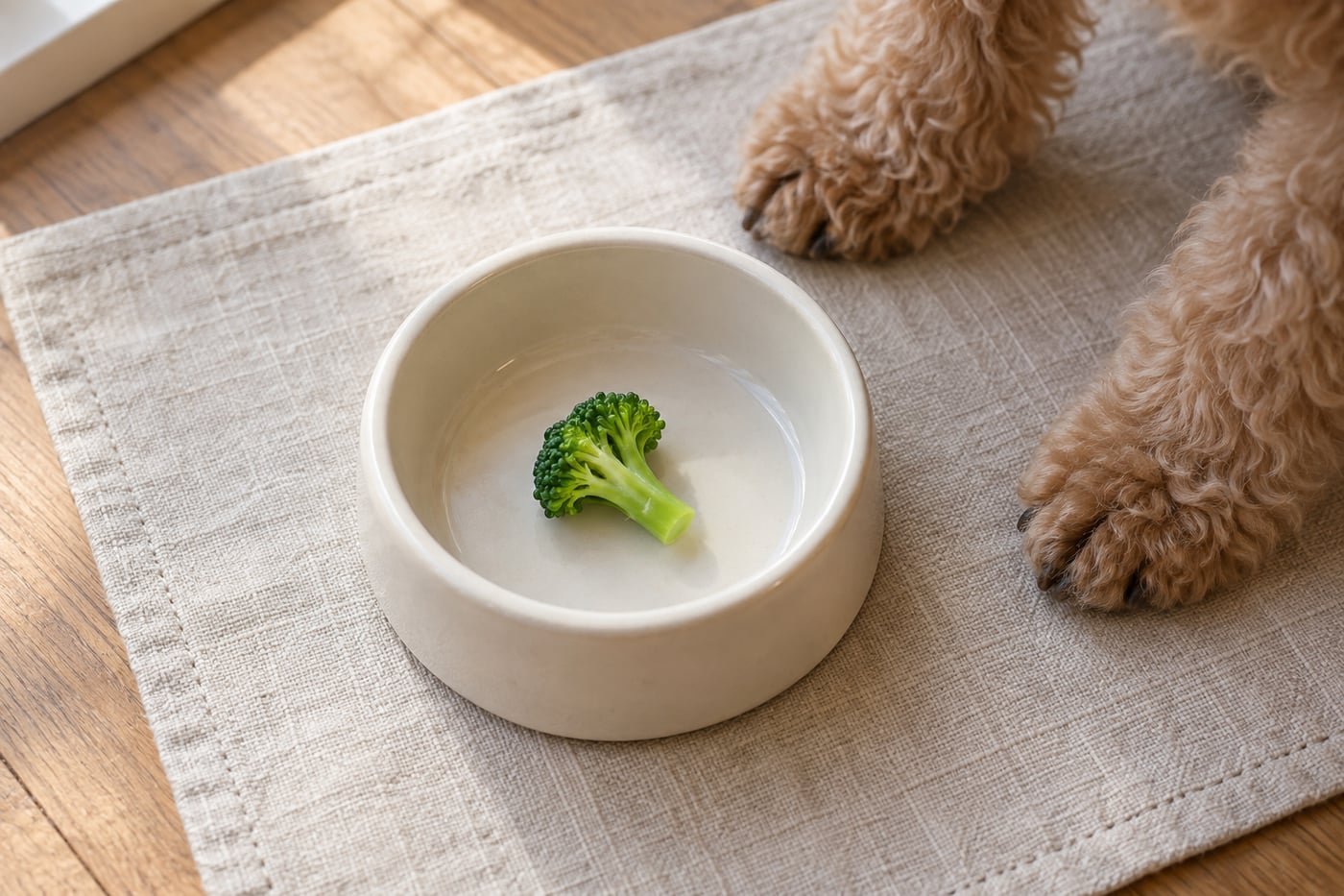Small treat portion: a tiny soft cooked broccoli floret.