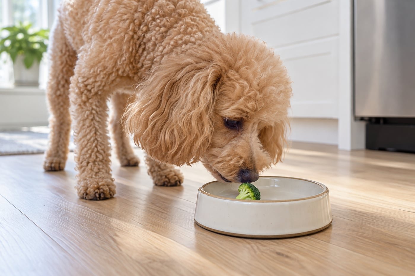 Poodle tasting a tiny soft cooked broccoli floret.