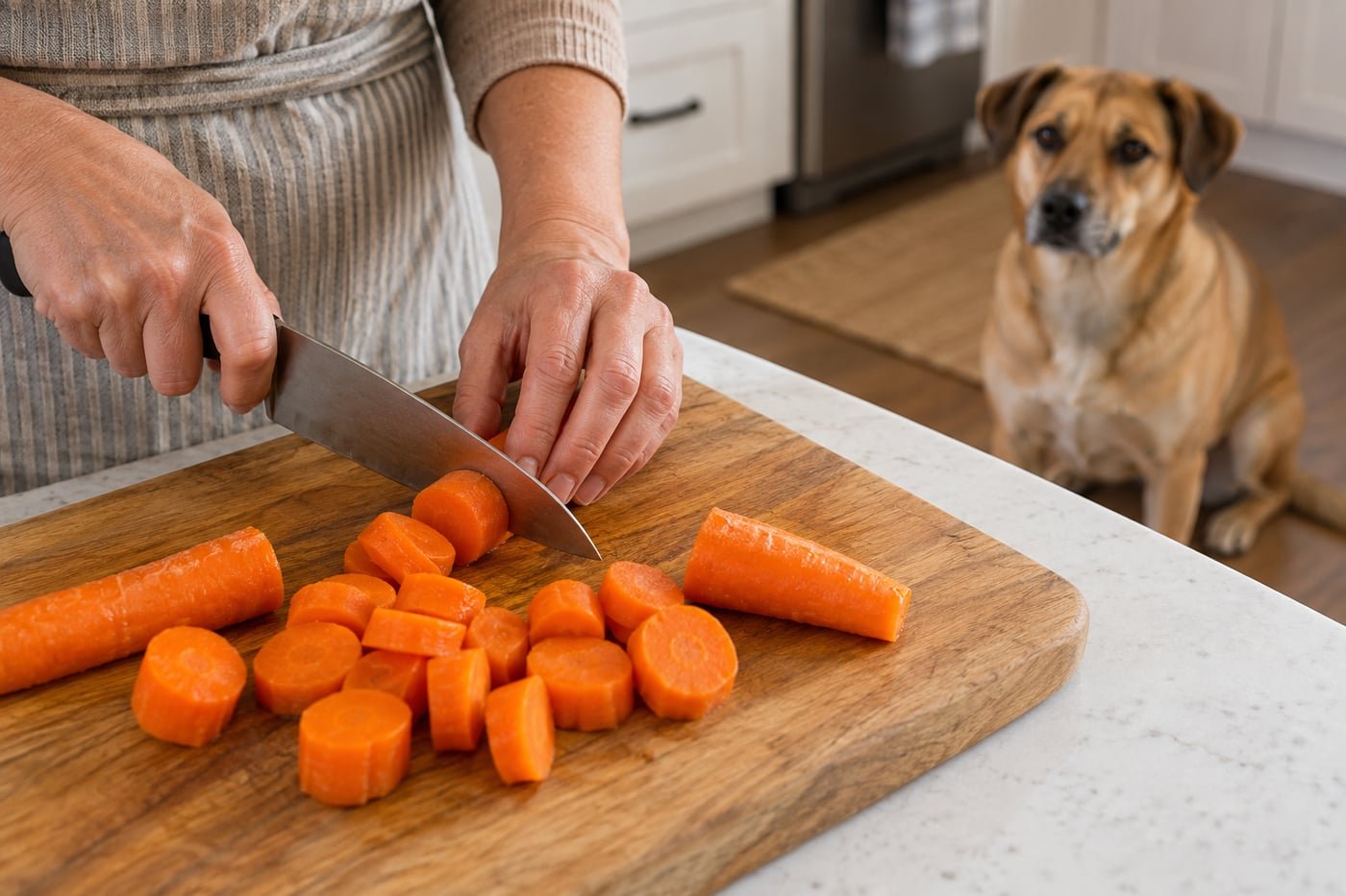 Owner chopping plain steamed carrots.