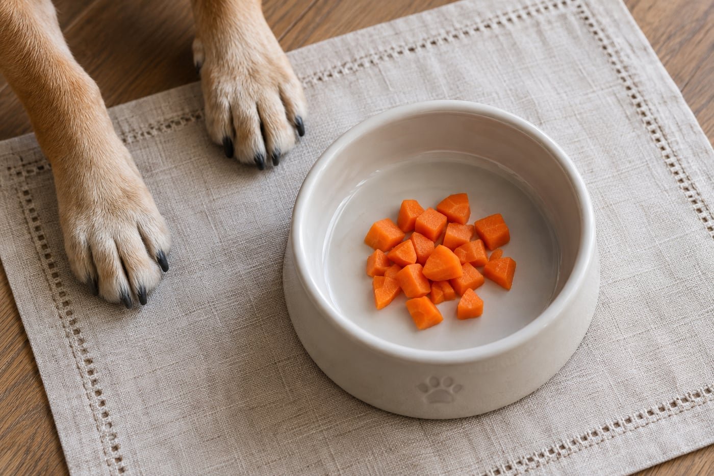 Small treat portion: tiny pieces of soft cooked carrot.