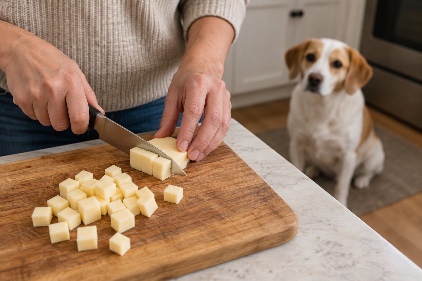 Owner cutting plain cheese into tiny cubes.