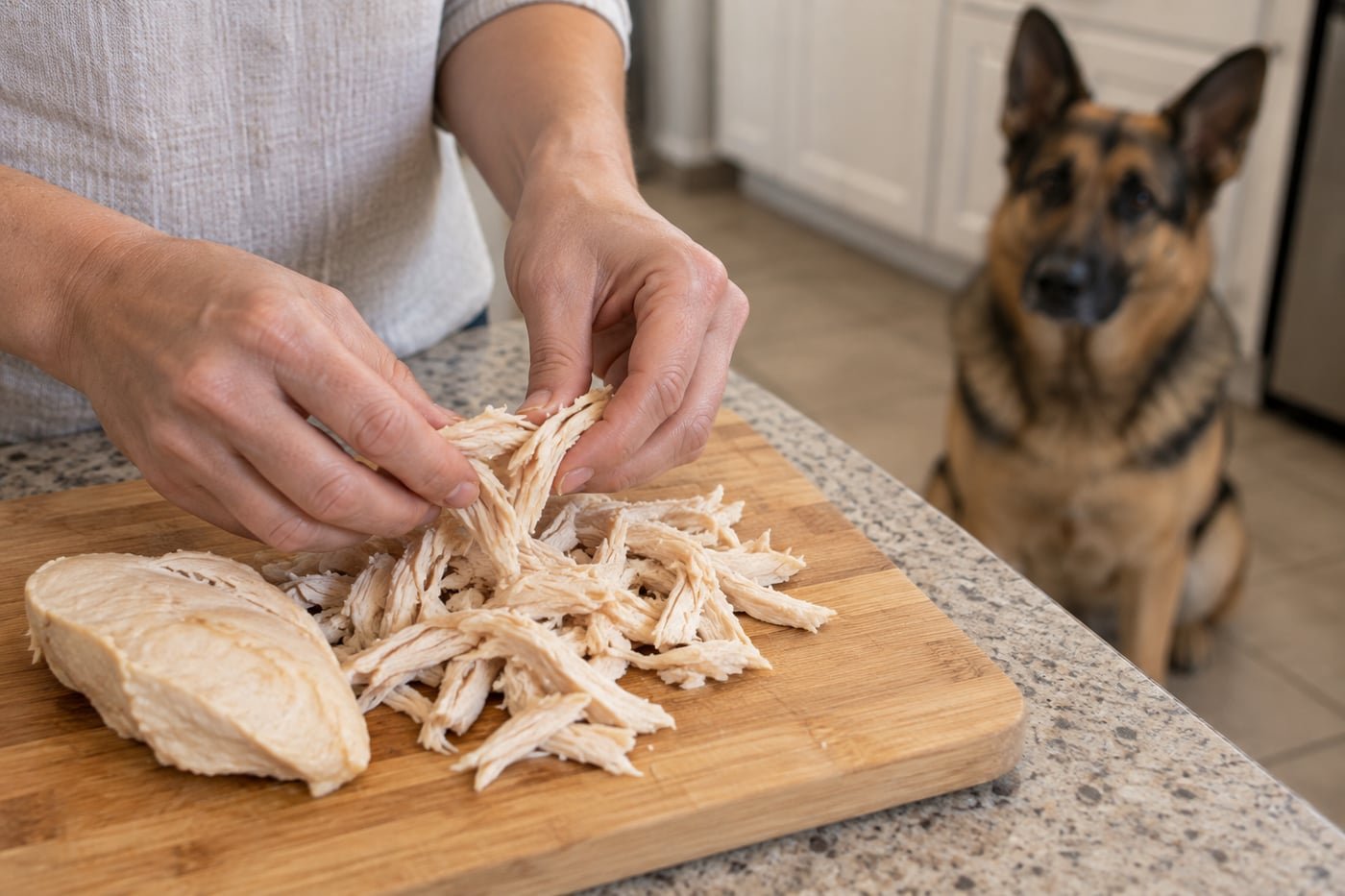 Owner shredding plain fully cooked boneless skinless chicken breast.