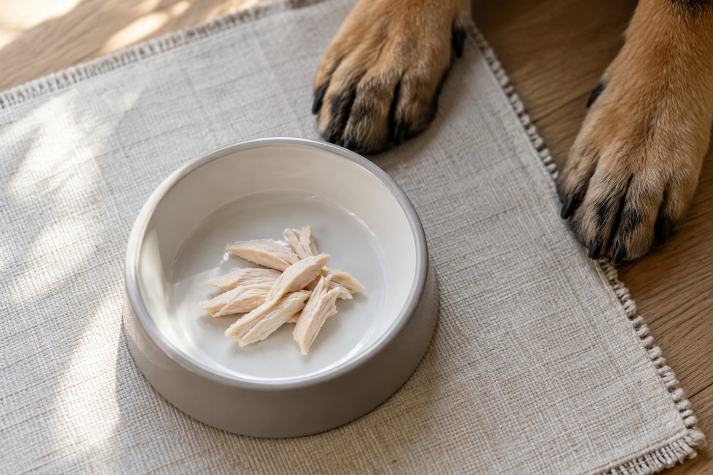 Small treat portion: a few small shreds of plain cooked boneless skinless chicken breast.