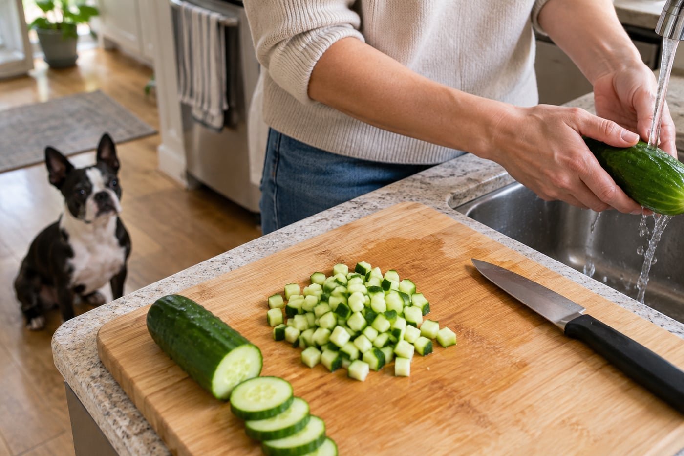 Owner washing and finely dicing cucumber.
