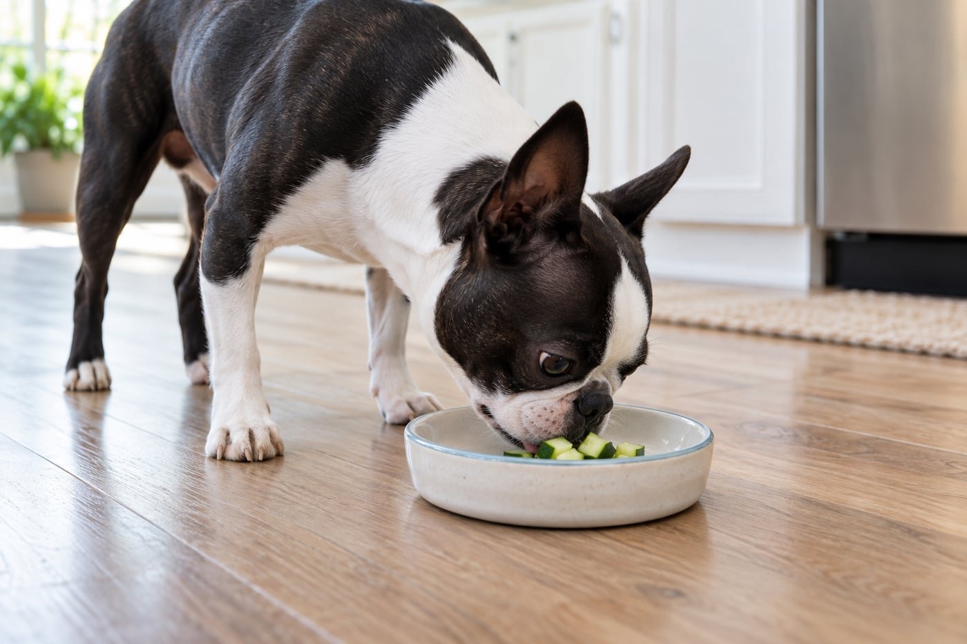 Boston terrier tasting tiny chopped cucumber pieces.