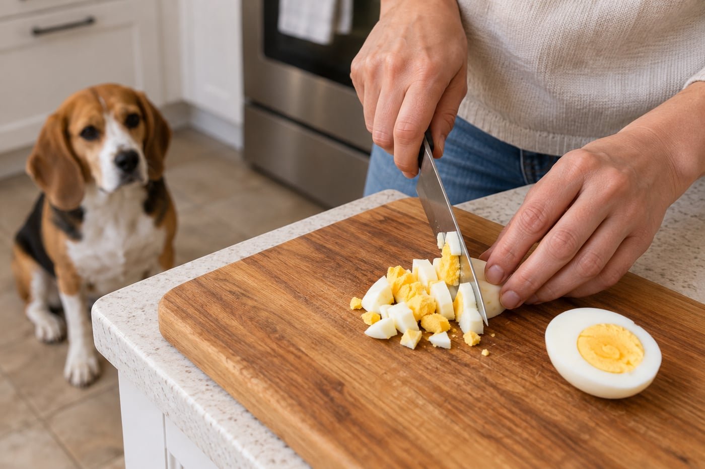 Owner chopping a peeled hard-boiled egg.