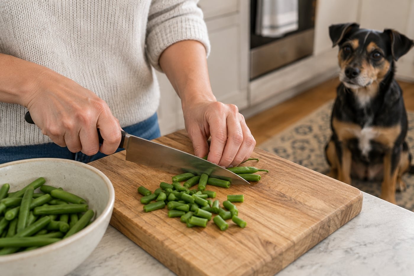 Owner chopping plain steamed green beans into short pieces.