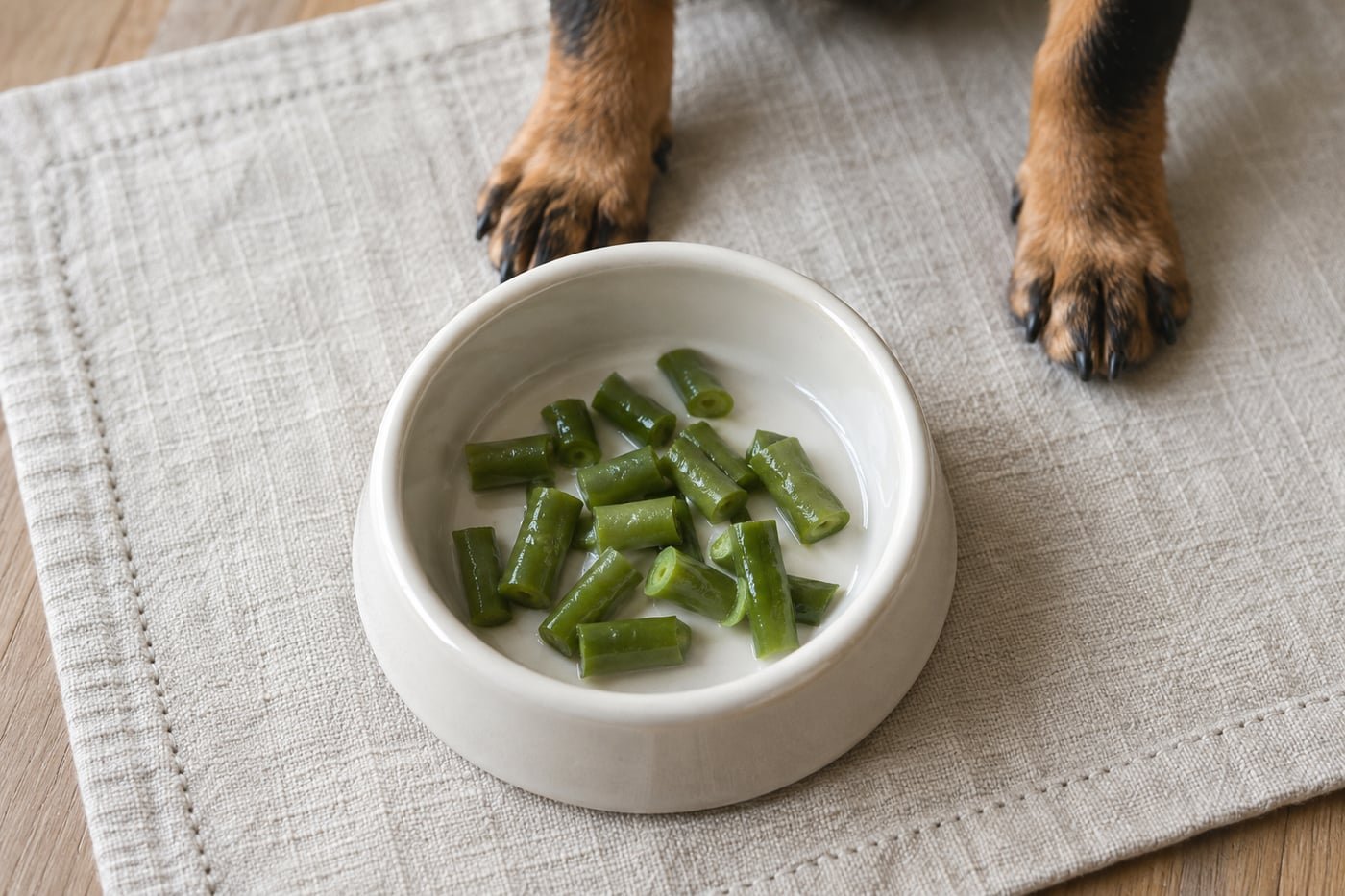 Small treat portion: tiny pieces of plain cooked green beans.