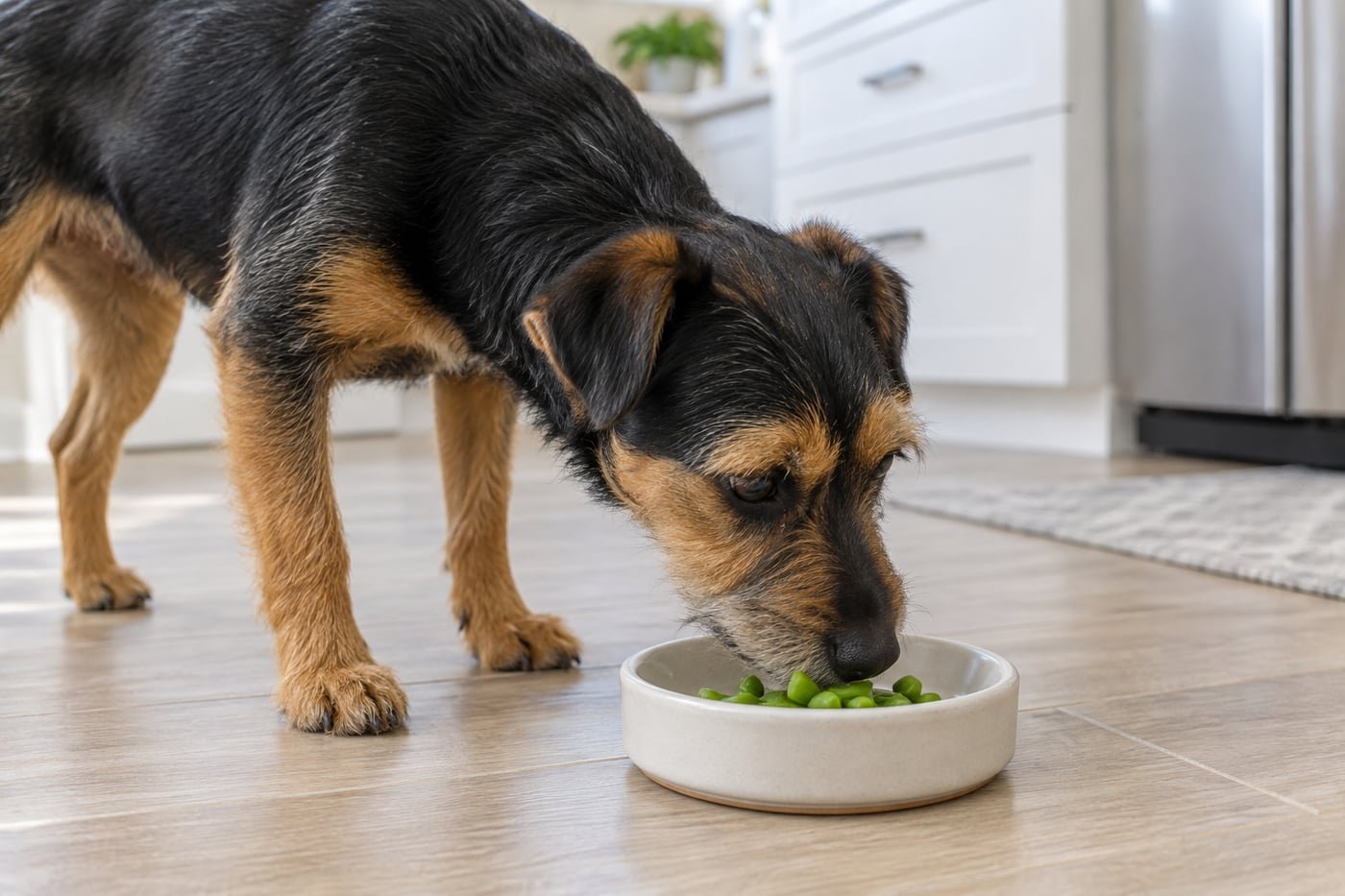Black-and-tan terrier tasting tiny pieces of plain cooked green beans.