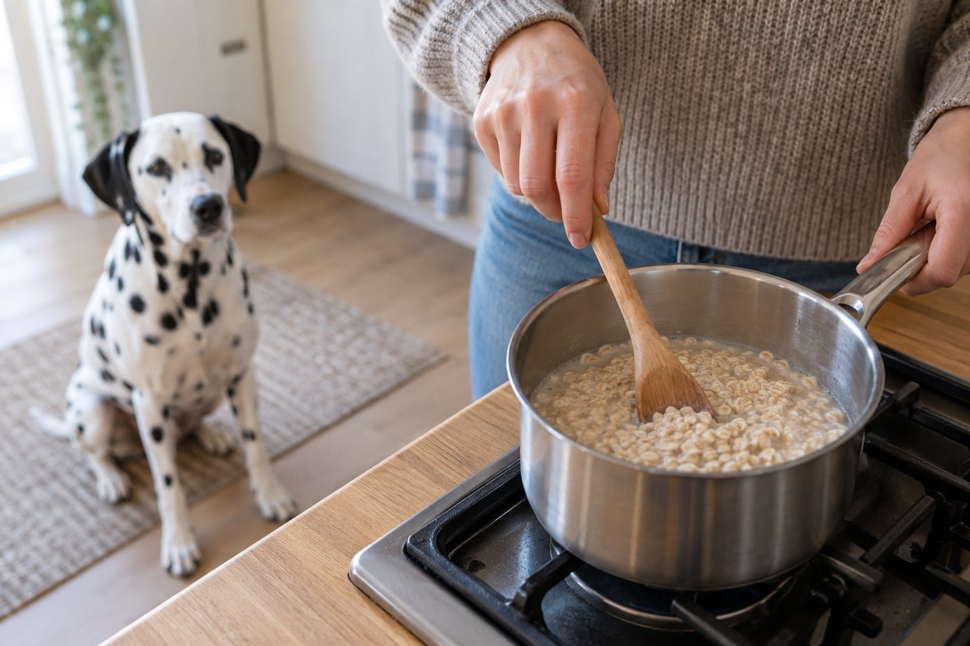 Owner stirring plain oats cooked in water.