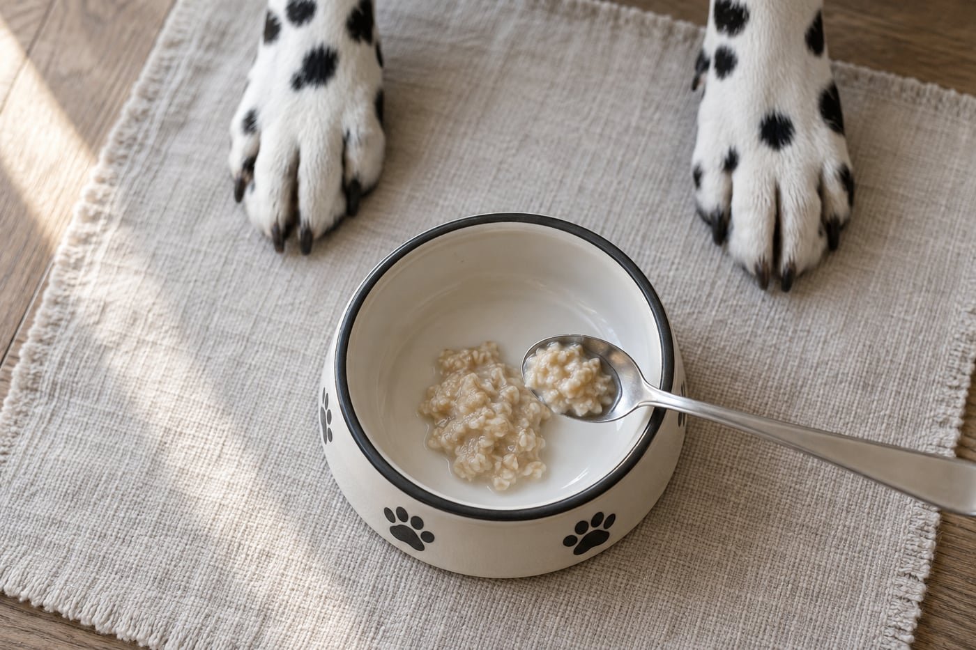 Small treat portion: a tiny spoonful of plain cooled oatmeal cooked in water.