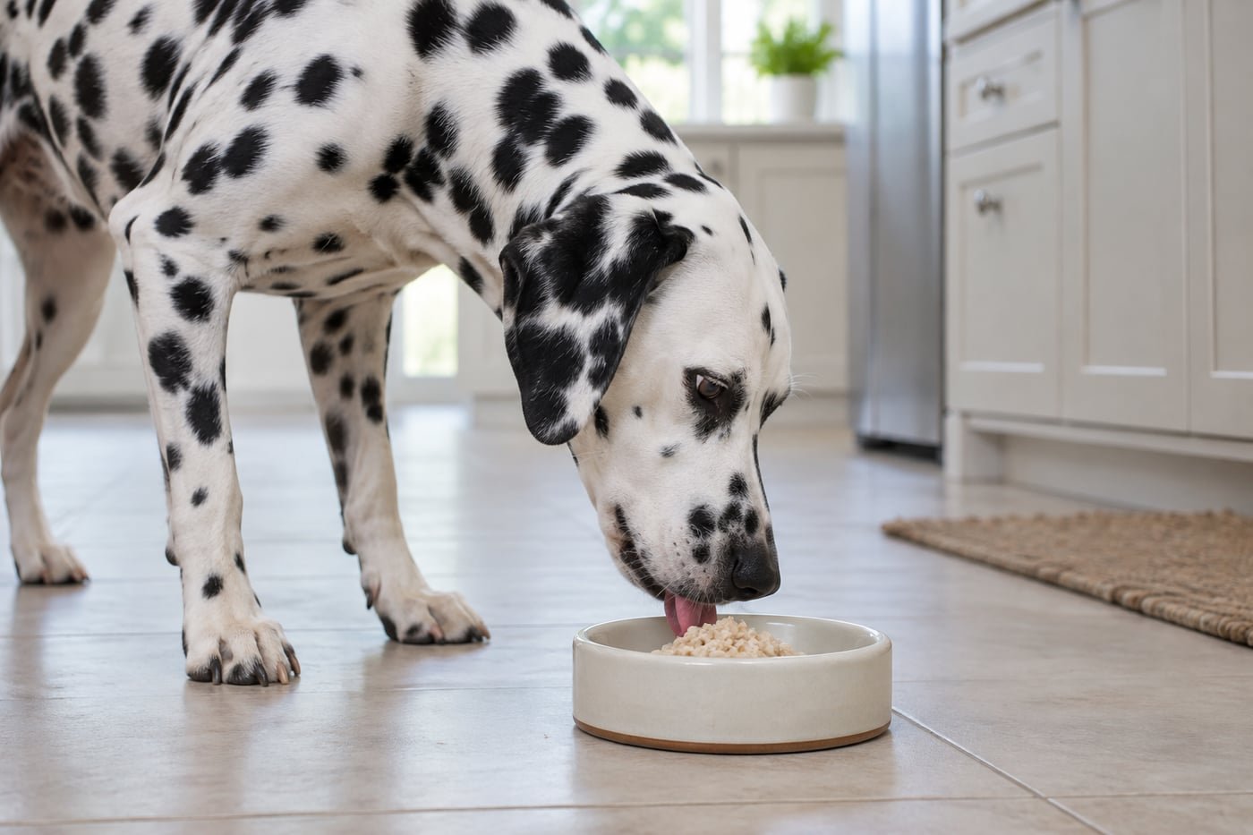 Dalmatian tasting a tiny spoonful of plain cooled oatmeal cooked in water.