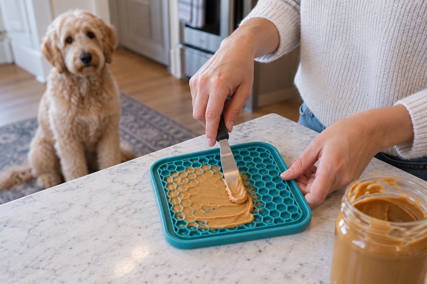 Owner spreading a thin smear of plain peanut butter onto a lick mat.