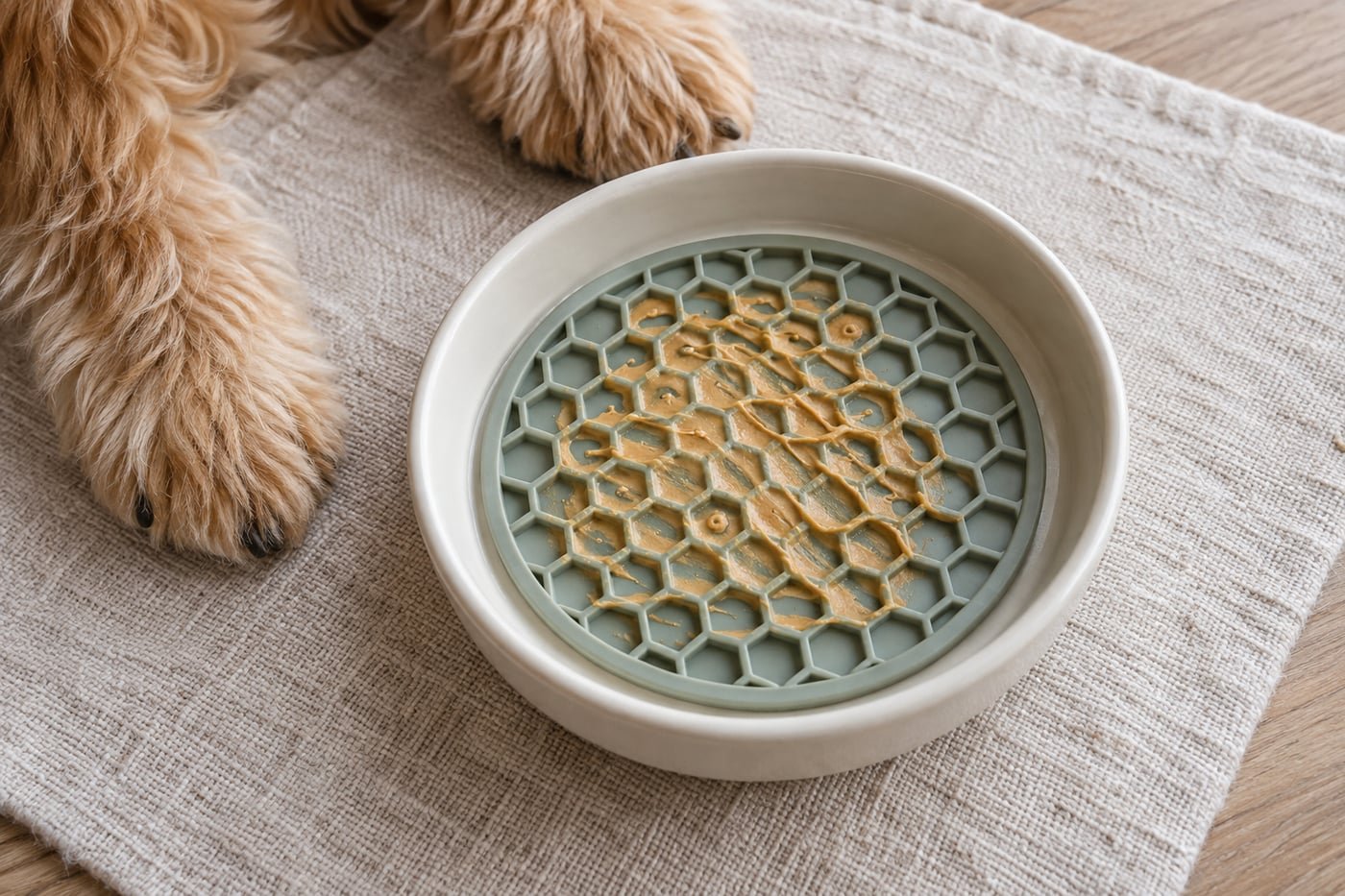 Small treat portion: a very thin smear of plain smooth peanut butter on a lick mat.