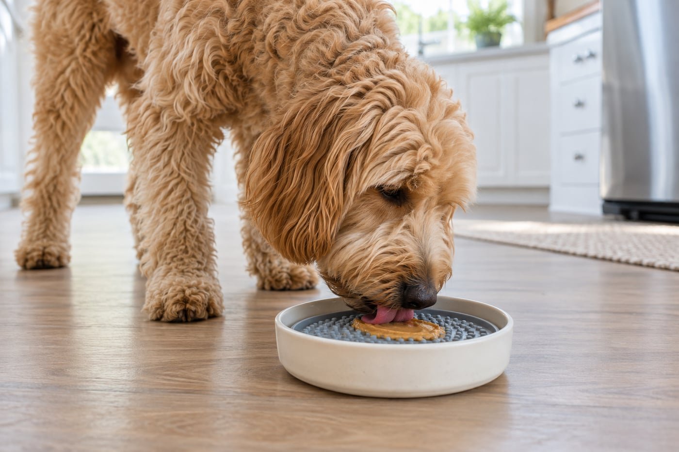 Golden doodle tasting a very thin smear of plain smooth peanut butter on a lick mat.