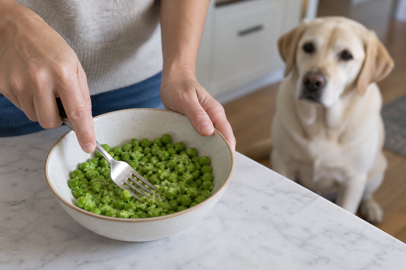 Owner mashing plain cooked shelled peas with a fork.