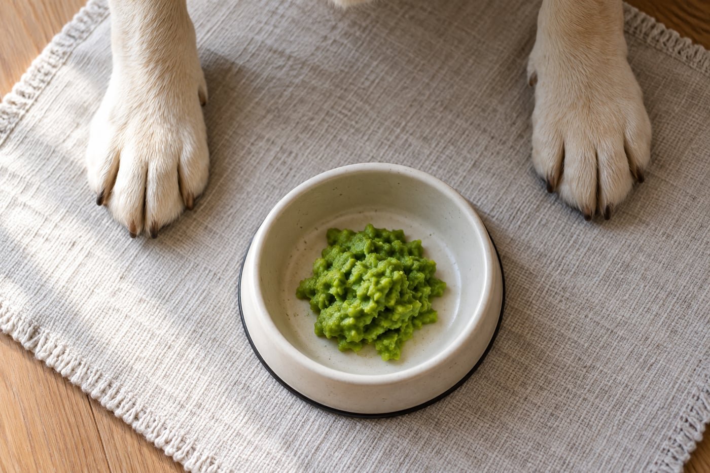Small treat portion: a few plain cooked mashed green peas.